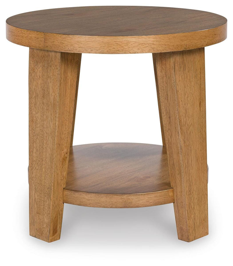 Ashley Furniture Kristiland occasional table set with three wooden tables featuring sleek, modern design and natural wood finishes.