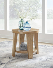 Ashley Furniture Kristiland occasional table set with two wooden tables featuring sleek, modern design and warm wood finish.