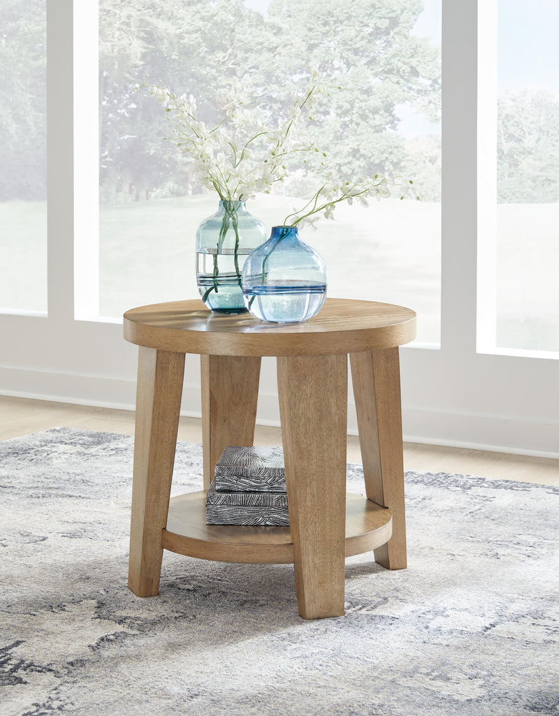 Ashley Furniture Kristiland occasional table set with two wooden tables featuring sleek, modern design and warm wood finish.