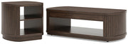 Ashley Furniture Korestone occasional table set with two modern living room tables featuring sleek wood finishes.