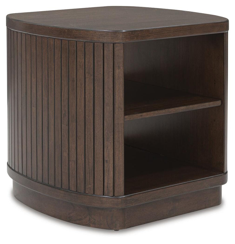 Ashley Furniture Korestone living room occasional table set with two modern tables, angled design, and wood finish.