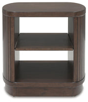Ashley Furniture Korestone occasional table set, living room set with two sleek, modern tables featuring wood and metal finishes.