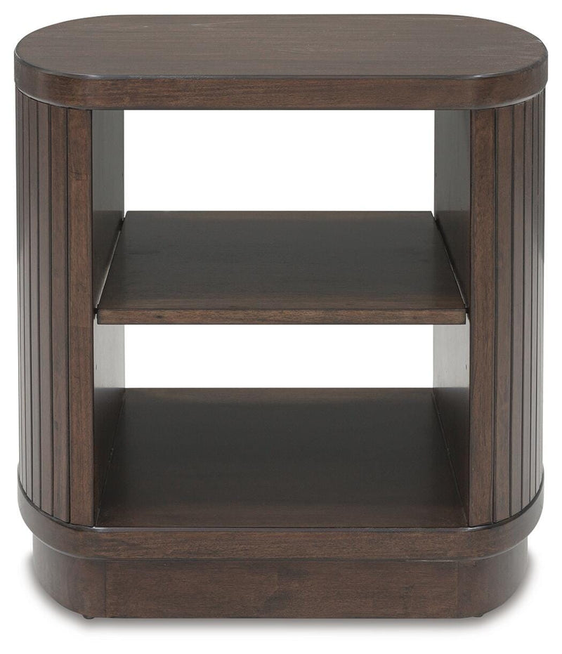 Ashley Furniture Korestone occasional table set, living room set with two sleek, modern tables featuring wood and metal finishes.