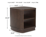 Ashley Furniture Korestone occasional table set in a living room, featuring two matching tables with wood finish and modern design