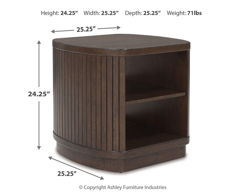 Ashley Furniture Korestone occasional table set in a living room, featuring two matching tables with wood finish and modern design
