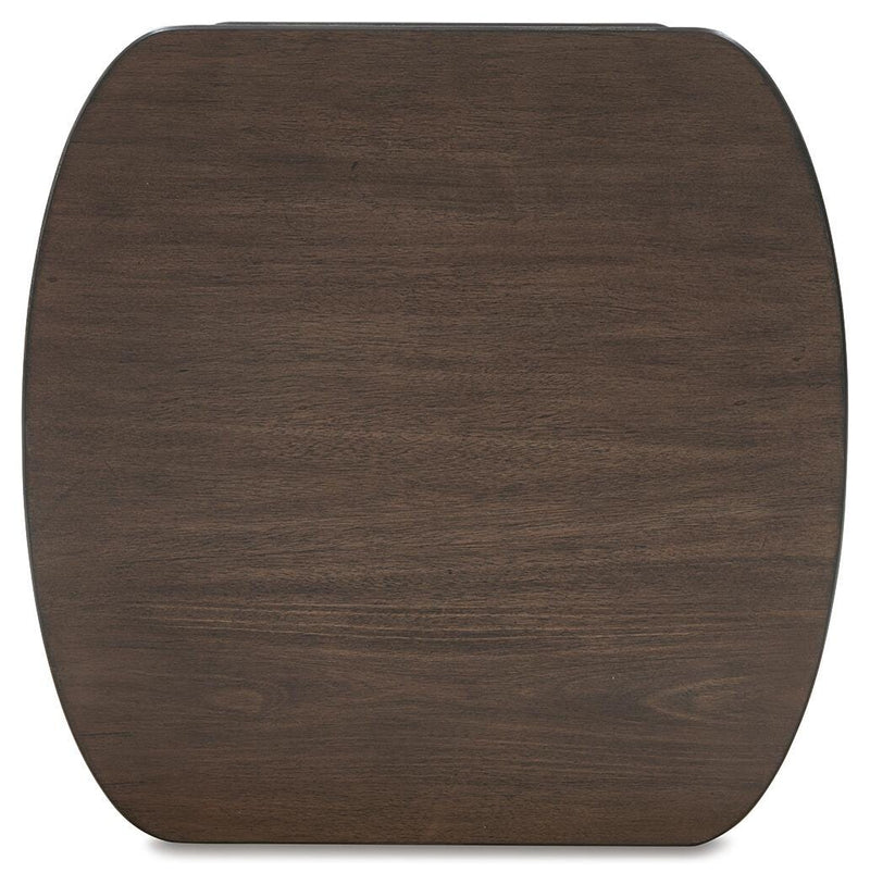 Ashley Furniture Korestone occasional table set with two sleek living room tables featuring dark wood tops and modern design.