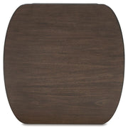 Ashley Furniture Korestone End Table with a sleek wooden top and modern design, shown in a contemporary living room setting.