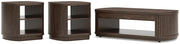 Ashley Furniture Korestone living room set with two modern occasional tables featuring sleek wooden tops and sturdy bases.