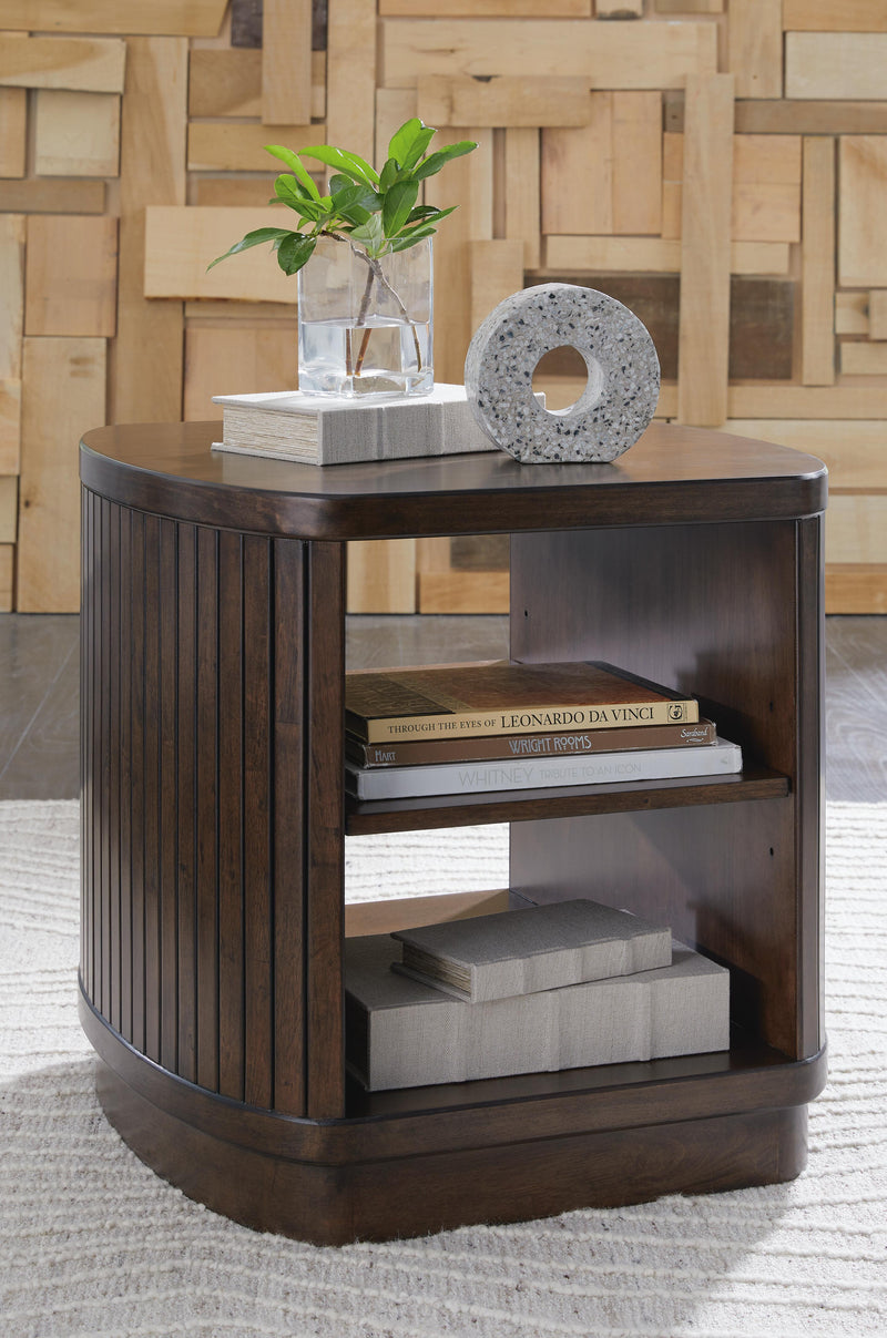 Ashley Furniture Korestone living room occasional table set with two modern tables featuring sleek wood and metal design.