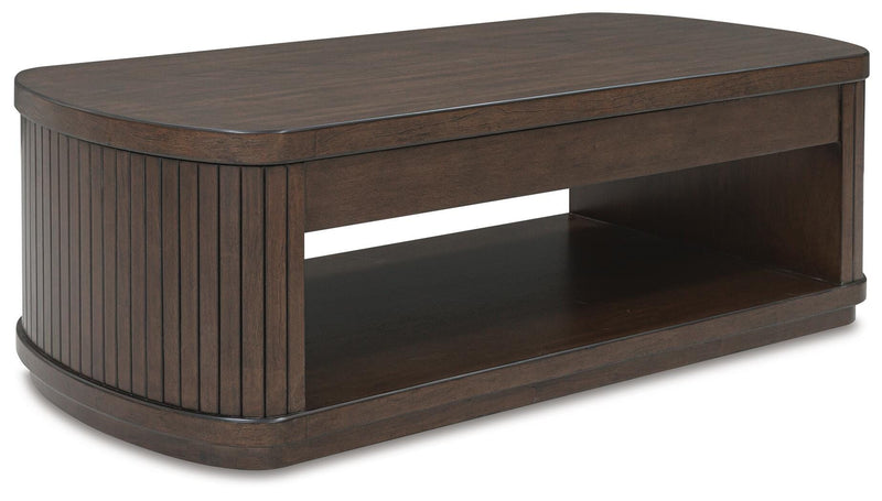Ashley Furniture Korestone occasional table set with two wooden tables featuring sleek, modern designs for living room decor.