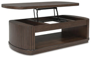 Ashley Furniture Korestone Occasional Table Set with three wooden tables featuring open and angled designs for living room decor.