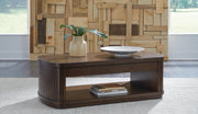 Ashley Furniture Korestone occasional table set with two round living room tables featuring wooden tops and sleek metal legs.