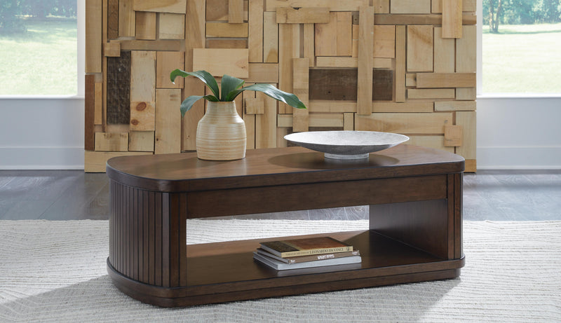 Ashley Furniture Korestone Occasional Table Set with three round living room tables featuring wood finish and modern design.