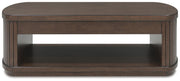 Ashley Furniture Korestone occasional table set with two matching wood finish living room tables, shown from a head-on perspective.