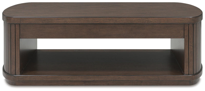 Ashley Furniture Korestone occasional table set with two matching wood finish living room tables, shown from a head-on perspective.