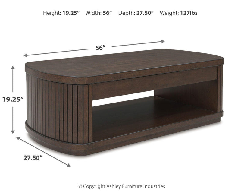 Ashley Furniture Korestone occasional table set with three modern living room tables featuring sleek finishes and contemporary design.