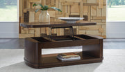 Ashley Furniture Korestone living room occasional table set with three open-design tables featuring wood and metal finishes.