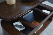 Ashley Furniture Korestone occasional table set with two modern living room tables featuring sleek dark wood finishes.