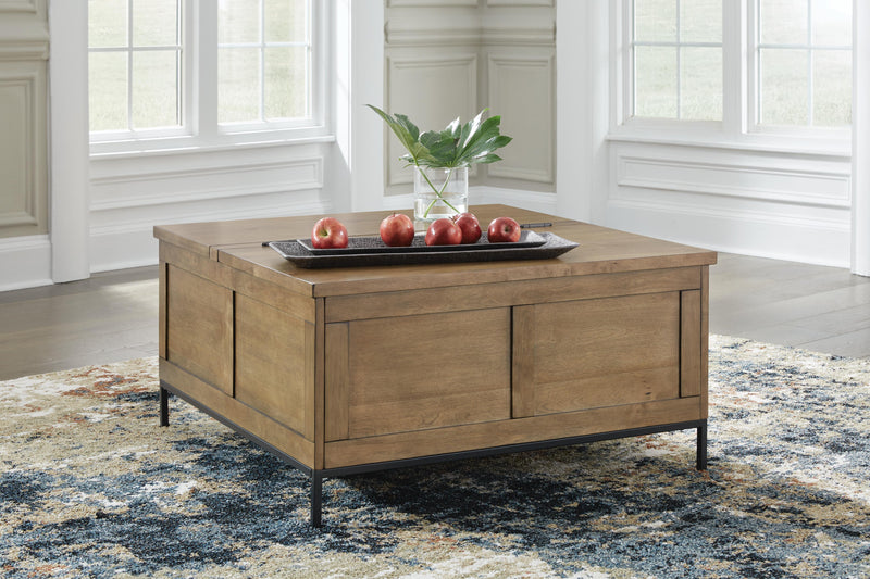 Ashley Furniture Torlanta Occasional Table Set with two round tables featuring wooden tops and metal legs.