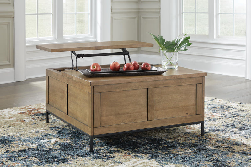 Ashley Furniture Torlanta Occasional Table Set featuring two modern tables with wood finishes and sleek metal legs.