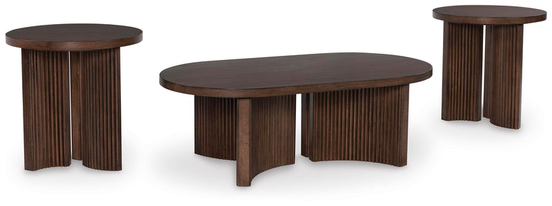 Ashley Furniture Korestone occasional table set with two modern tables featuring sleek wooden surfaces and sturdy metal legs.