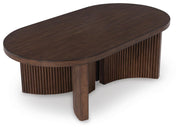 Ashley Furniture Korestone occasional table set with three modern tables featuring sleek wood finishes and minimalist design.