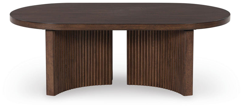Ashley Furniture Korestone occasional table set featuring two modern tables with sleek wood and metal accents.
