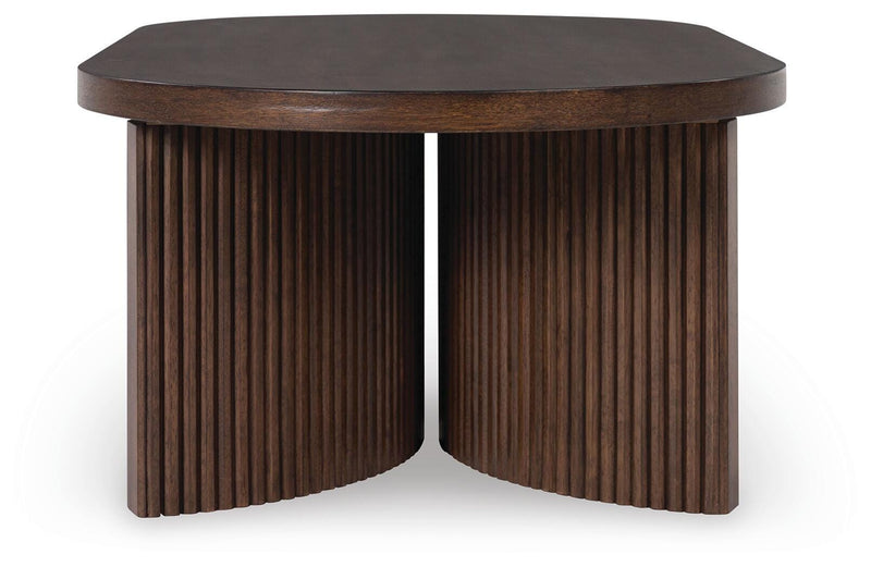Ashley Furniture Korestone Occasional Table Set with two modern tables featuring sleek wood finishes and sturdy metal legs.