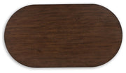 Ashley Furniture Korestone occasional table set with two modern tables featuring wood tops and sleek metal legs.