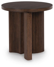 Ashley Furniture Korestone End Table featuring a modern design with a wooden surface and sleek metal legs.