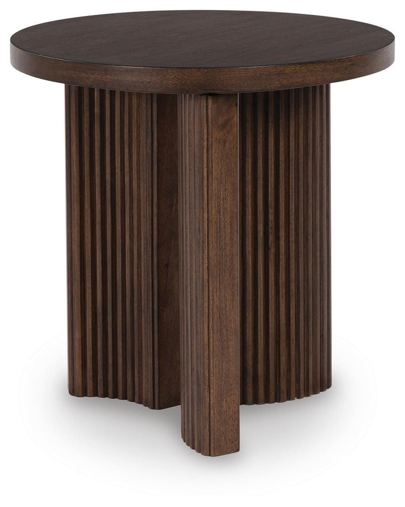 Ashley Furniture Korestone End Table featuring a modern design with a wooden surface and sleek metal legs.