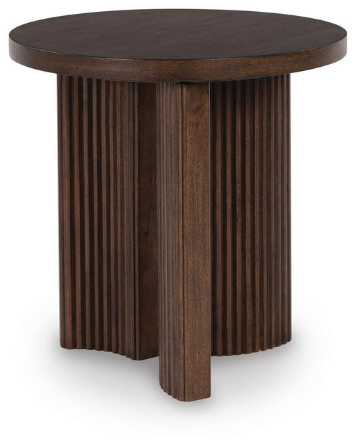 Ashley Furniture Korestone End Table featuring a modern design with a wooden surface and sleek metal legs.
