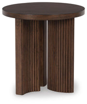 Ashley Furniture Korestone occasional table set with two modern side tables featuring sleek designs and neutral finishes.