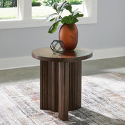 Ashley Furniture Korestone end table with a modern wooden surface and sleek metal legs, ideal for living room decor.
