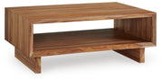 Ashley Furniture Dressonni coffee cocktail table with a sleek wood finish, shown from an angled side view.