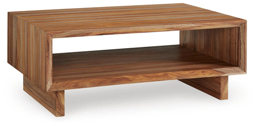 Ashley Furniture Dressonni coffee cocktail table with a sleek wood finish, shown from an angled side view.