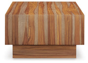 Ashley Furniture Dressonni coffee table with a sleek wooden surface and modern design, shown from the side view.