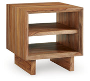 Ashley Furniture Dressonni End Table with angled tabletop and wooden finish, featuring a modern design for living room decor.