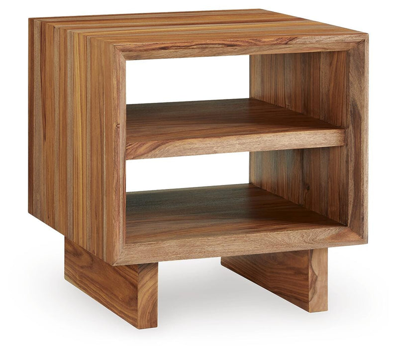 Ashley Furniture Dressonni End Table with angled tabletop and wooden finish, featuring a modern design for living room decor.