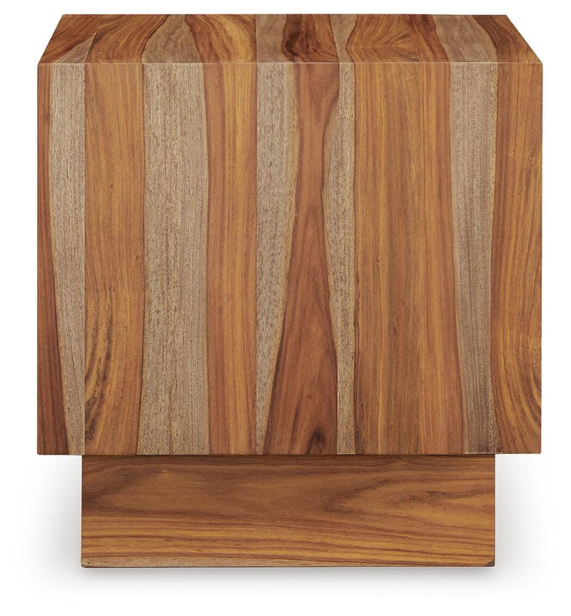 Ashley Furniture Dressonni End Table with a sleek wooden finish and modern design, shown with a smooth tabletop surface.
