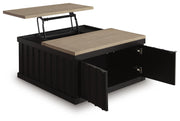 Ashley Furniture Rylandyn Lift-Top Coffee Table with open lift-top displaying storage and tabletop from an angled view.