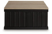 Ashley Furniture Rylandyn Lift-Top Coffee Table with a raised top surface, dark wood finish, and sleek modern design.