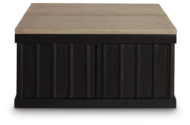 Ashley Furniture Rylandyn Lift-Top Coffee Table with a raised top surface, dark wood finish, and sleek modern design.