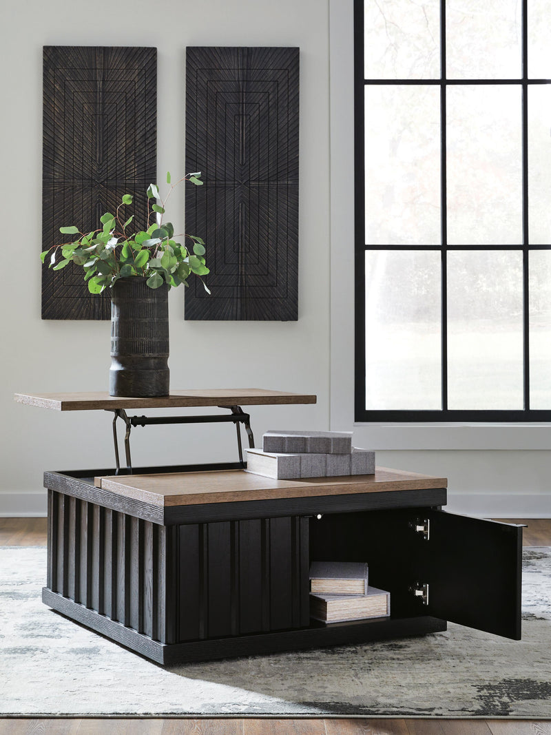 Ashley Furniture Rylandyn Lift-Top Coffee Table with open lift-top showing storage and sleek wood finish.