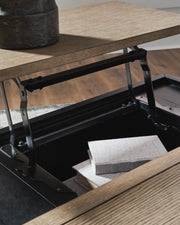 Ashley Furniture Rylandyn Lift-Top Coffee Table with storage, featuring a sleek lift-top design and modern wood finish.