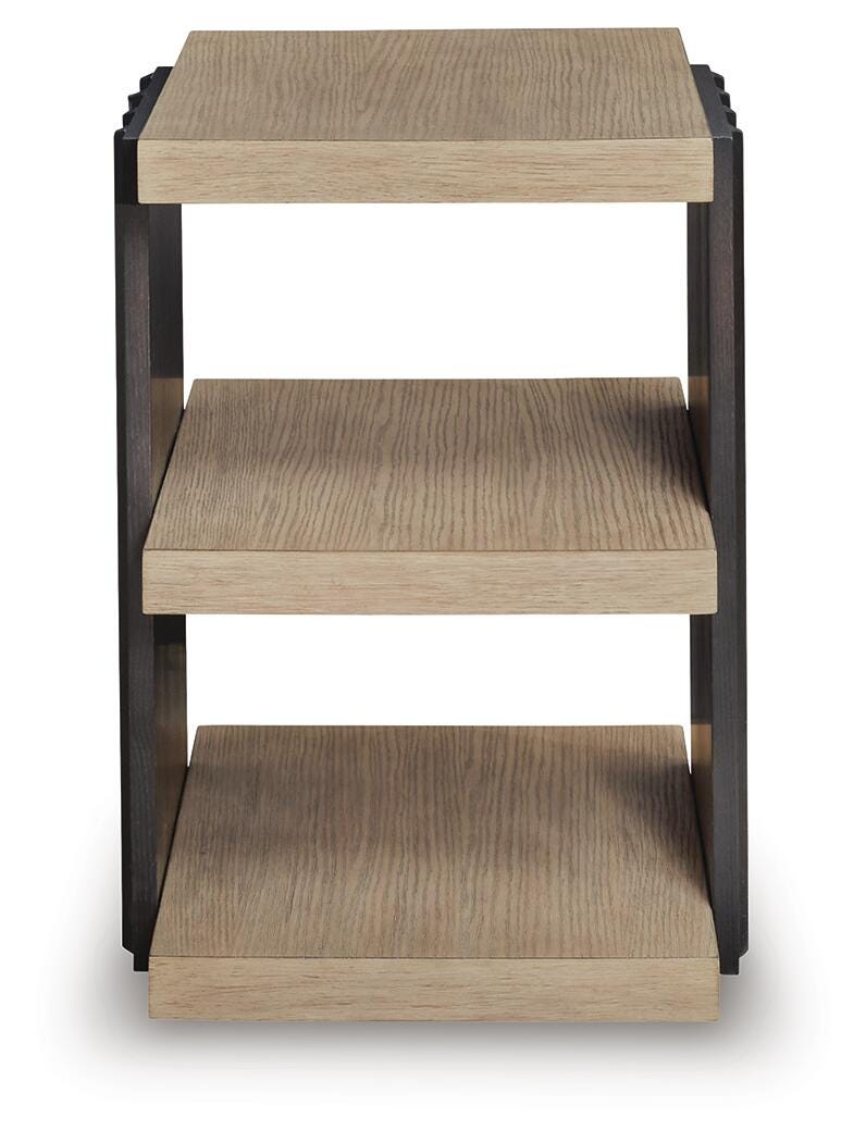 Ashley Furniture Rylandyn End Table with a wood finish, square top, and tapered legs, shown from a front head-on perspective.