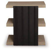 Ashley Furniture Rylandyn end table with wooden finish and modern design, featuring a single drawer and open shelf.
