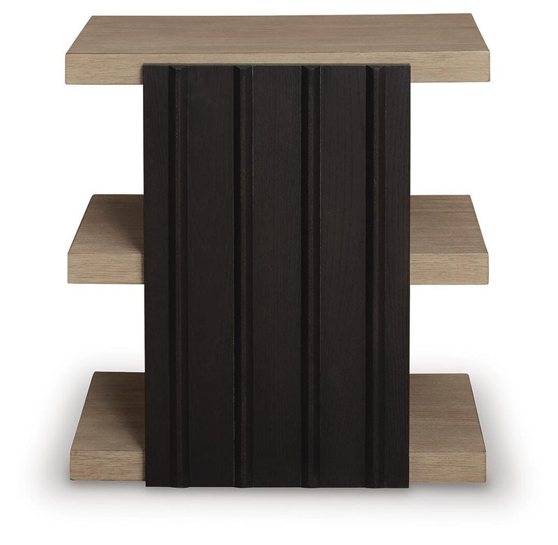 Ashley Furniture Rylandyn end table with wooden finish and modern design, featuring a single drawer and open shelf.