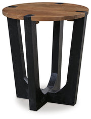 Ashley Furniture Hanneforth occasional table set with three round wooden tables and angled legs, modern living room decor.