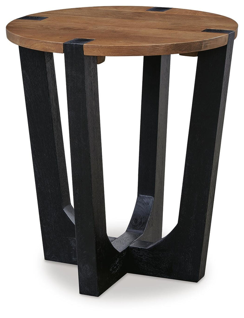 Ashley Furniture Hanneforth occasional table set with three round wooden tables and angled legs, modern living room decor.